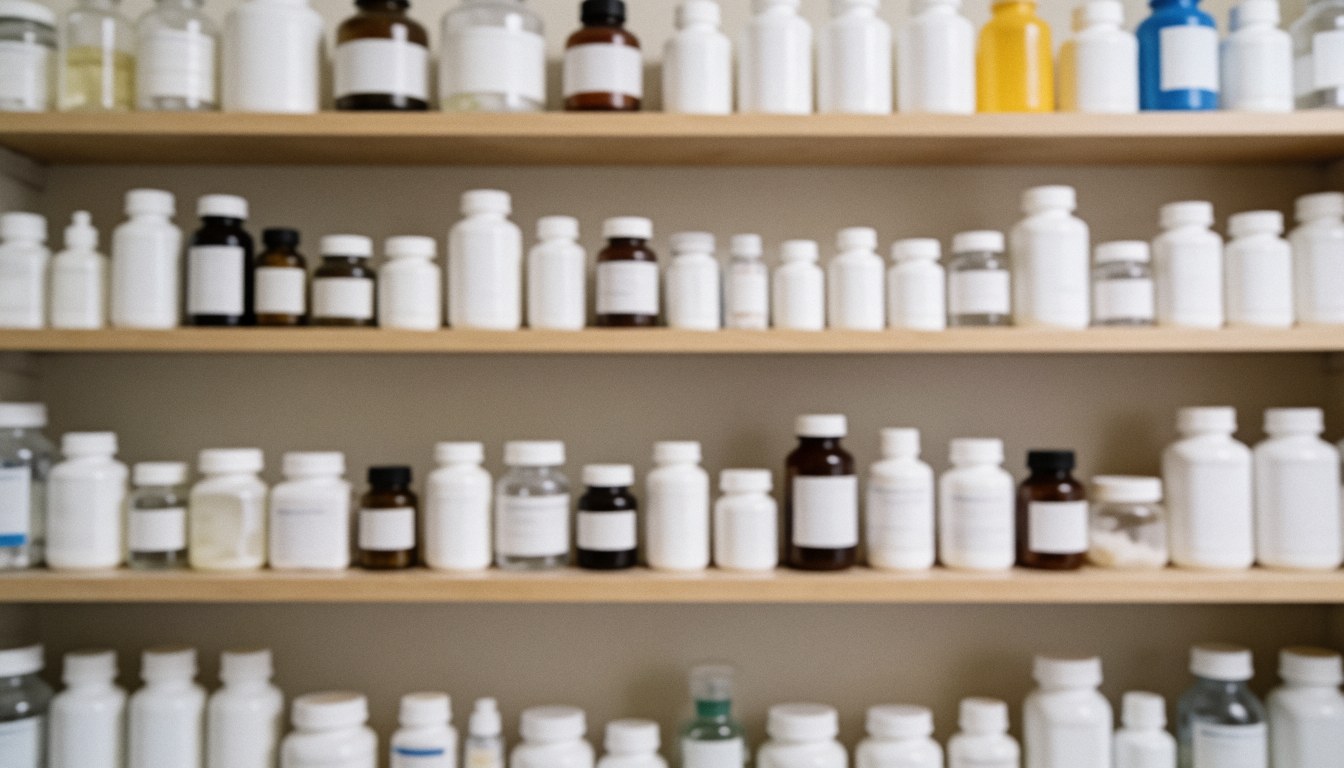 Neutral background of shelves stocked with medicine bottles, suitable for dental clinic text overlays and professional design