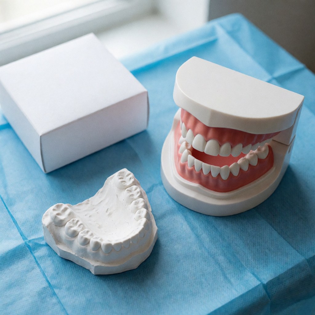 A close-up view of a perfect dental impression mold with blue draping, representing modern dentistry and prosthetics.