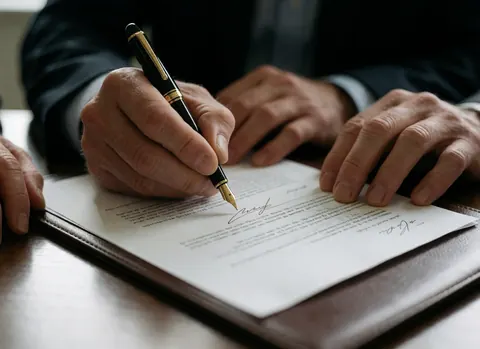 Close-up view of adult hands using a fountain pen to sign a legal contract on a brown leather surface with soft professional lighting
