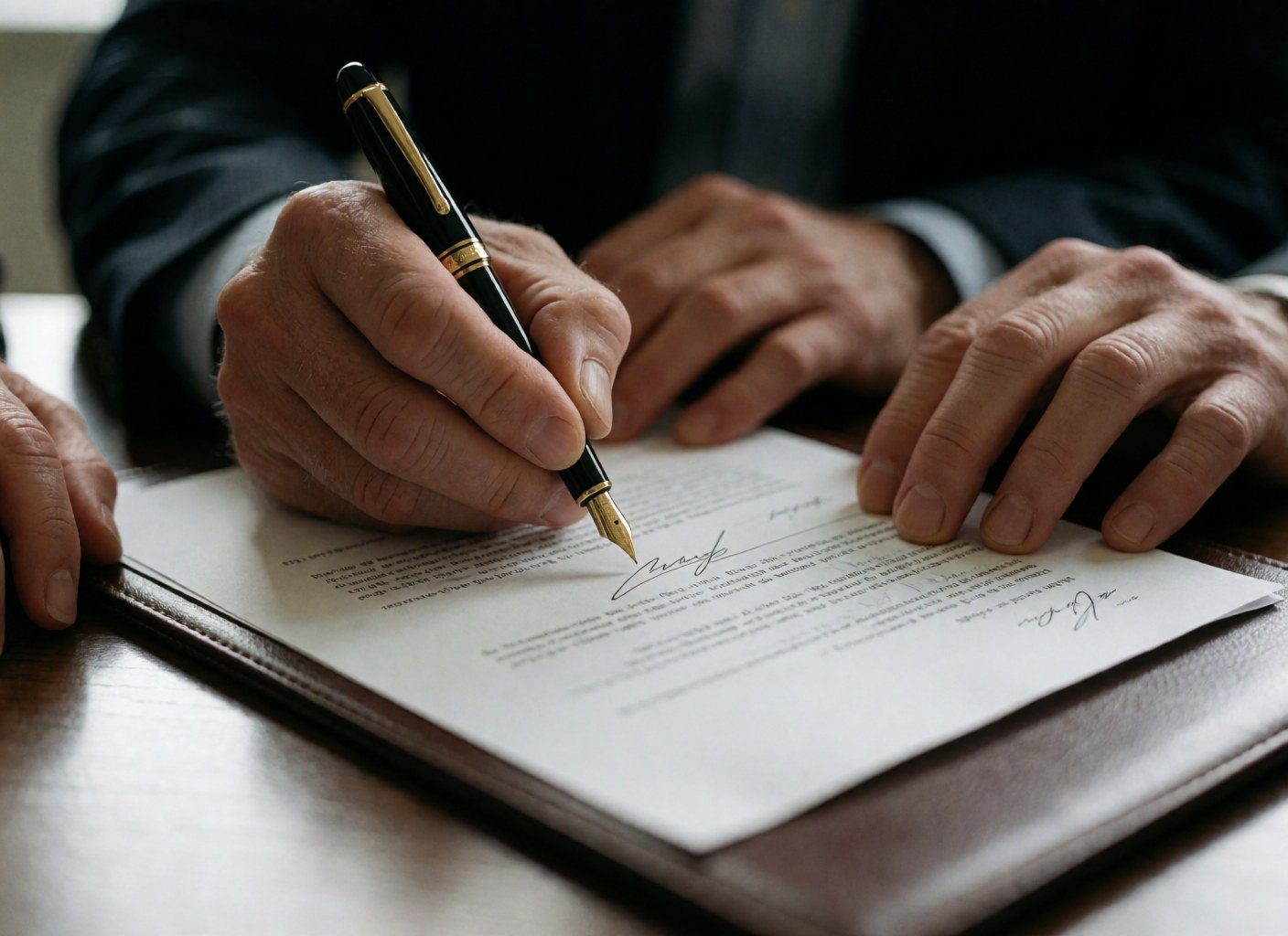 Close-up view of adult hands using a fountain pen to sign a legal contract on a brown leather surface with soft professional lighting