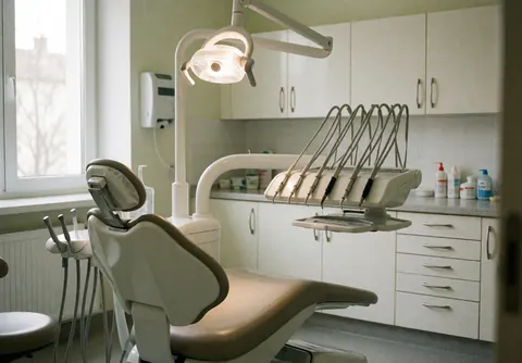 Clean and professional modern dental office interior featuring a dental chair, overhead operating light, storage cabinet, and window.