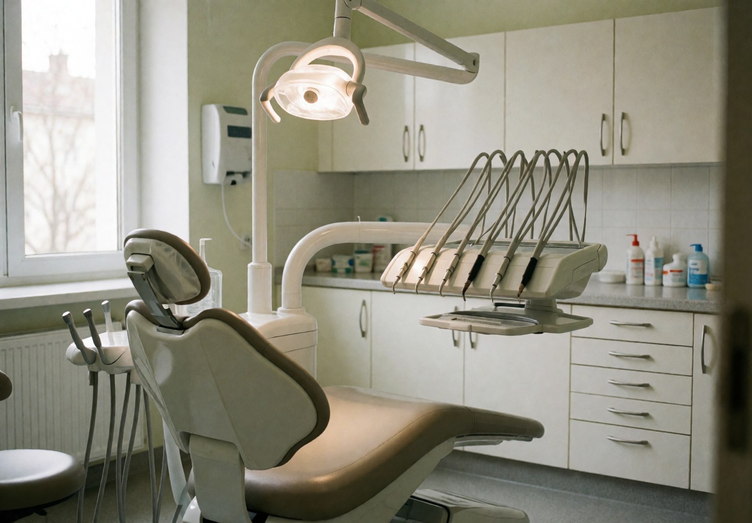 Clean and professional modern dental office interior featuring a dental chair, overhead operating light, storage cabinet, and window.
