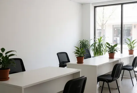 Bright and tidy office space featuring a white table, black chairs, potted plants, and large windows letting in natural light