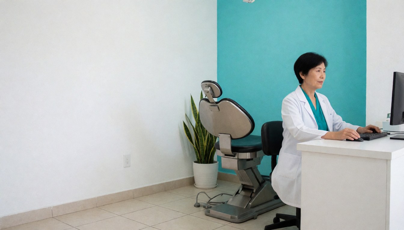A clean and tranquil dental clinic interior featuring a comfortable patient chair and professional equipment ready for use