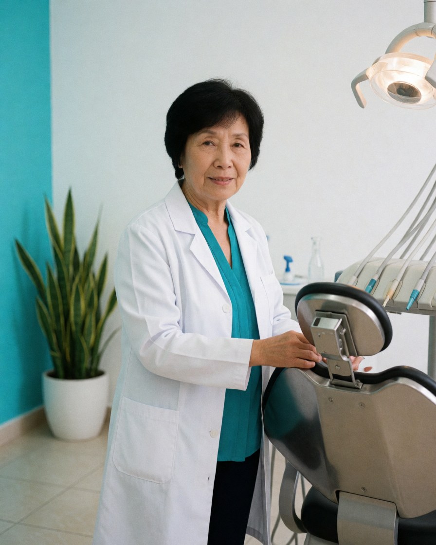 A professional female dentist stands in a dental clinic, wearing a white coat and blue scrubs, with dental equipment and a plant visible in the background.
