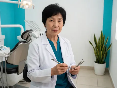 A female dentist in a white coat holding dental instruments in a clinic with a turquoise wall and chair