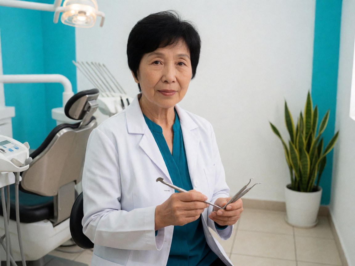 A female dentist in a white coat holding dental instruments in a clinic with a turquoise wall and chair
