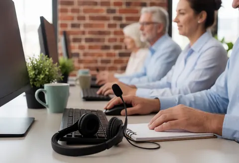 Customer service office featuring a headset, keyboard, notebook, and plants. Visible furniture and walls with professional lighting.