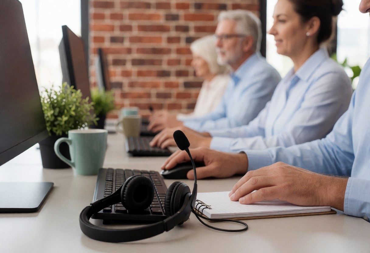 Customer service office featuring a headset, keyboard, notebook, and plants. Visible furniture and walls with professional lighting.