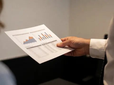 Close-up view of a business plan document featuring financial charts and graphs placed on a desk surface with warm lighting and a dark background.