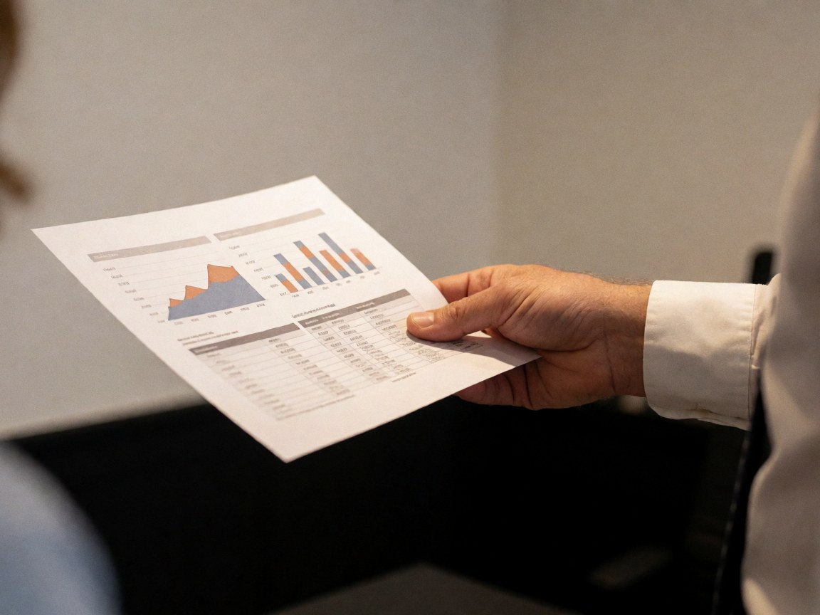 Close-up view of a business plan document featuring financial charts and graphs placed on a desk surface with warm lighting and a dark background.