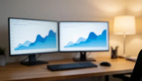 Blurred background of a modern remote office desk featuring dual monitors, a keyboard, mouse, and lamp, ideal for business text overlays.