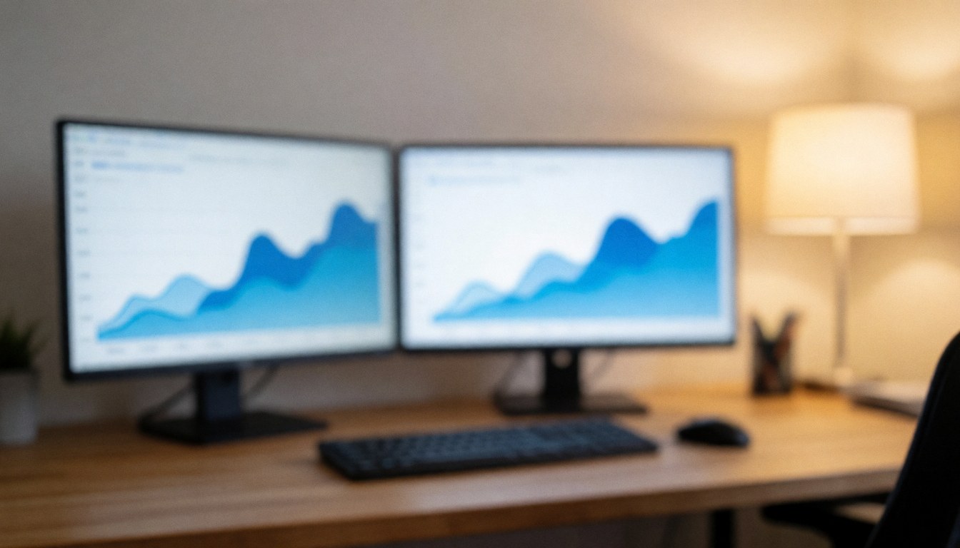Blurred background of a modern remote office desk featuring dual monitors, a keyboard, mouse, and lamp, ideal for business text overlays.