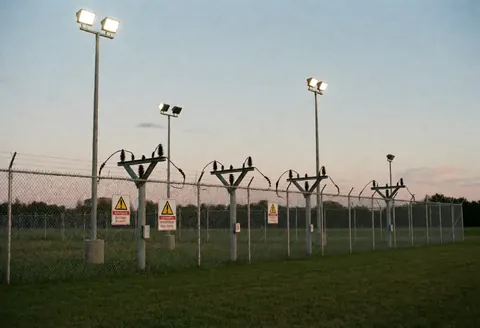 A chain link security fence with electric insulators and warning signs illuminated by floodlights during twilight hours