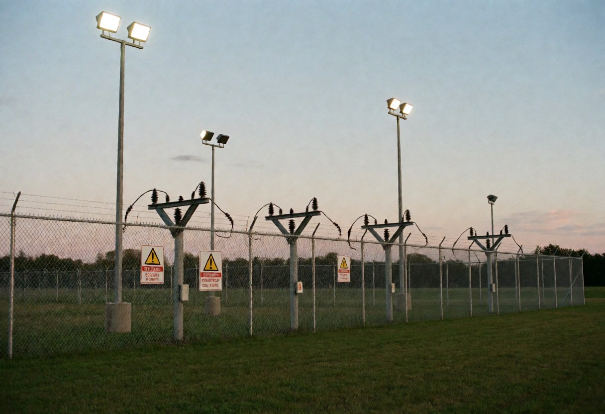 A chain link security fence with electric insulators and warning signs illuminated by floodlights during twilight hours