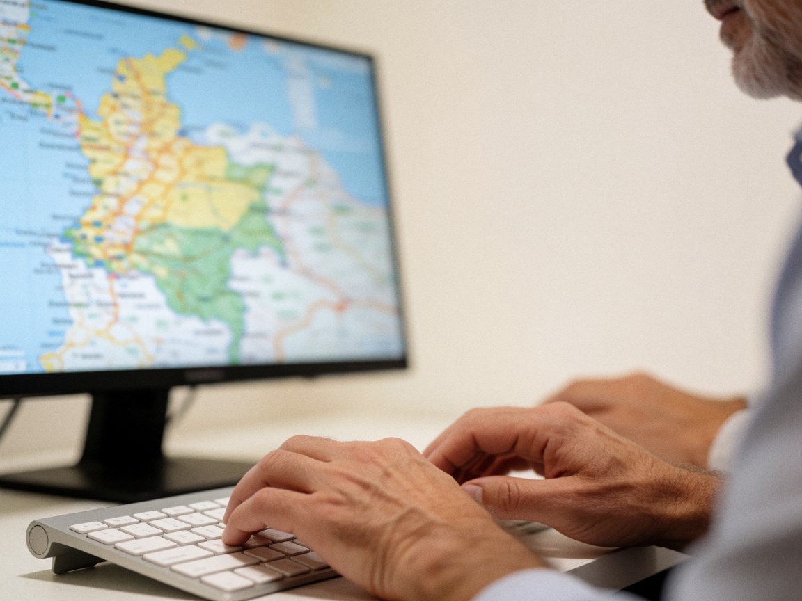Adult hands typing on a white keyboard in front of a monitor displaying a map of Colombia in a bright office setting.