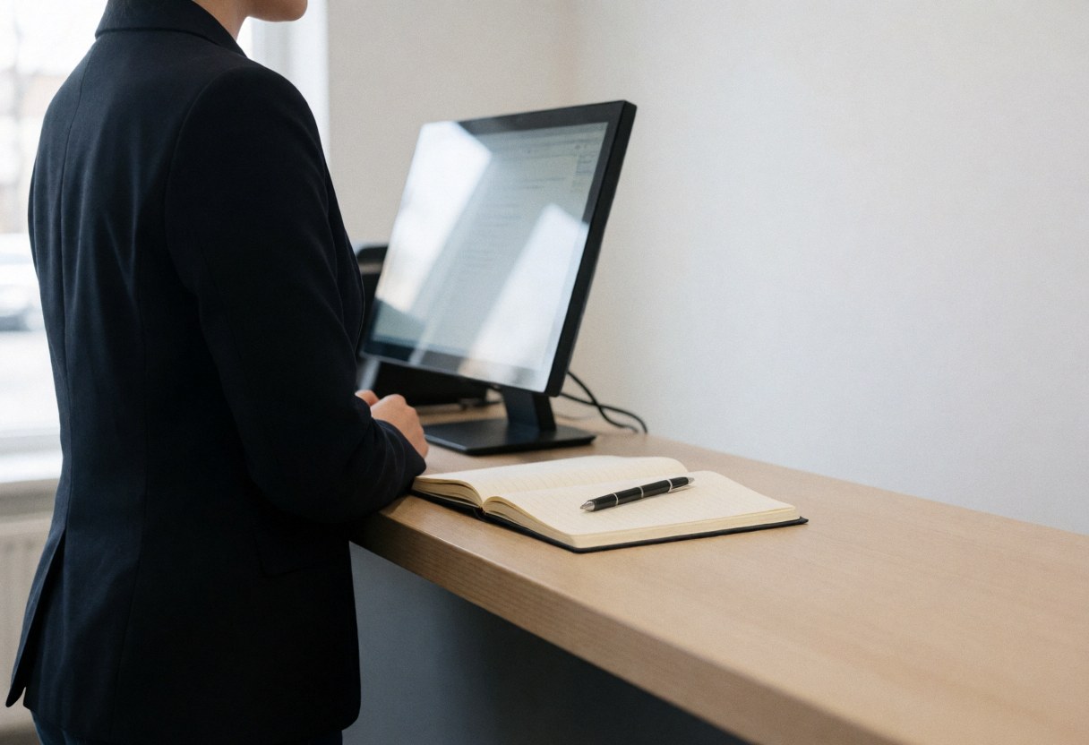 A professional insurance agent sits at a desk in an office, reviewing documents and using a computer with natural light illuminating the workspace.