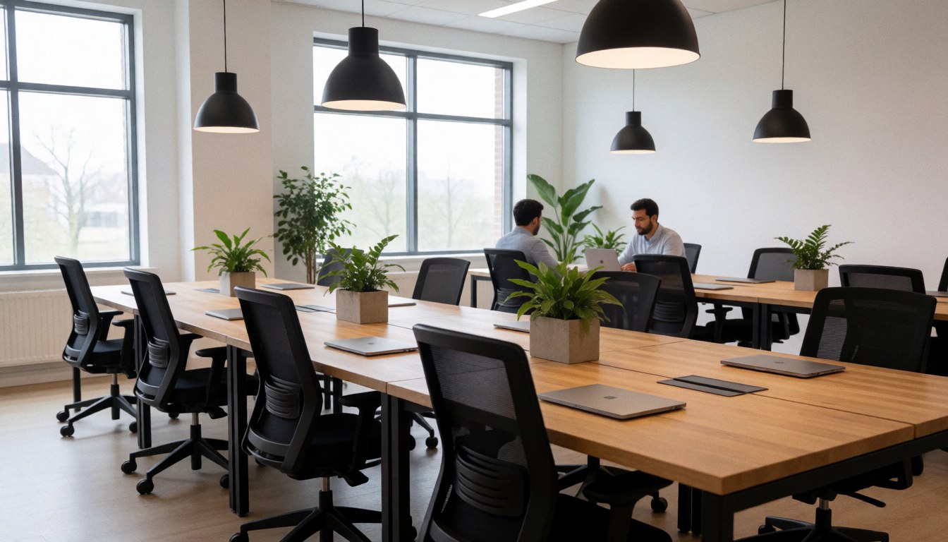 Bright coworking area featuring wooden tables, ergonomic chairs, green plants, laptops, large windows, and natural light for professional work.