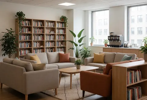 A comfortable lounge zone in a modern coworking space featuring a sofa, bookshelves, plants, and natural light from a window