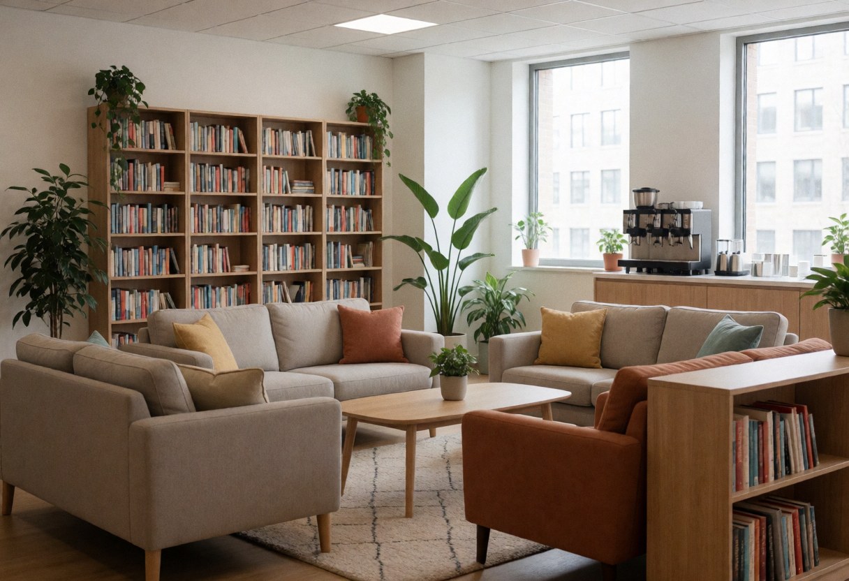 A comfortable lounge zone in a modern coworking space featuring a sofa, bookshelves, plants, and natural light from a window