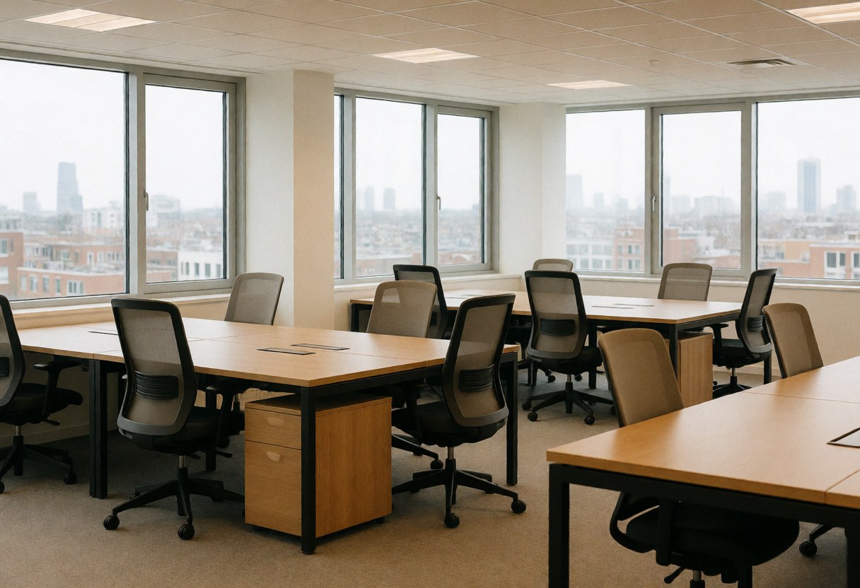 Bright coworking space with wooden desks, ergonomic chairs, and large windows overlooking the city, creating a clean and professional work environment.