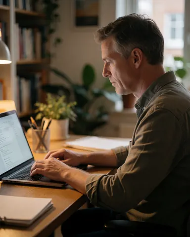A consultant works on a laptop at a wooden desk with books and plants in the blurred background of a warmly lit professional office.