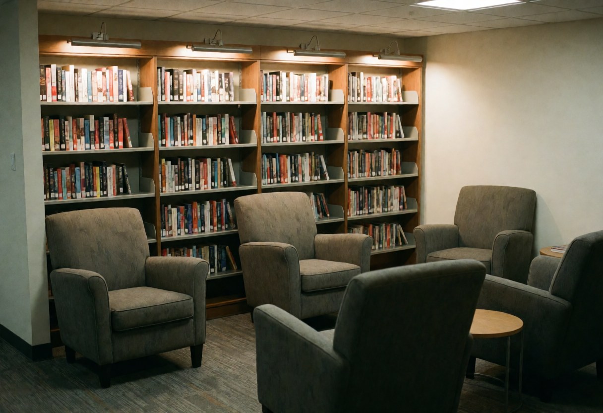 Cozy reading nook featuring comfortable armchairs and bookshelves filled with books, offering a warm and quiet atmosphere for coworking.