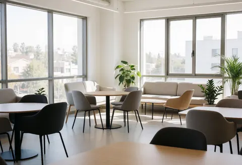 Empty coworking lounge featuring modern furniture, plants, and large windows letting in natural sunlight for a peaceful work environment