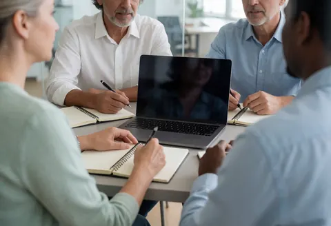 Four professionals collaborate at a shared table in a bright coworking office, using laptops and notebooks for a business discussion.
