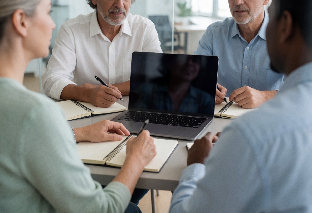 Four professionals collaborate at a shared table in a bright coworking office, using laptops and notebooks for a business discussion.