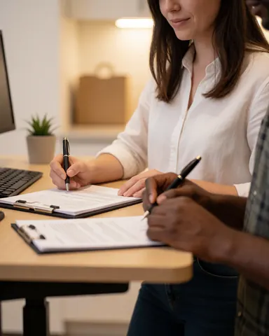 A happy professional sits at a modern desk in a coworking space, reviewing documents with a colleague under warm lighting