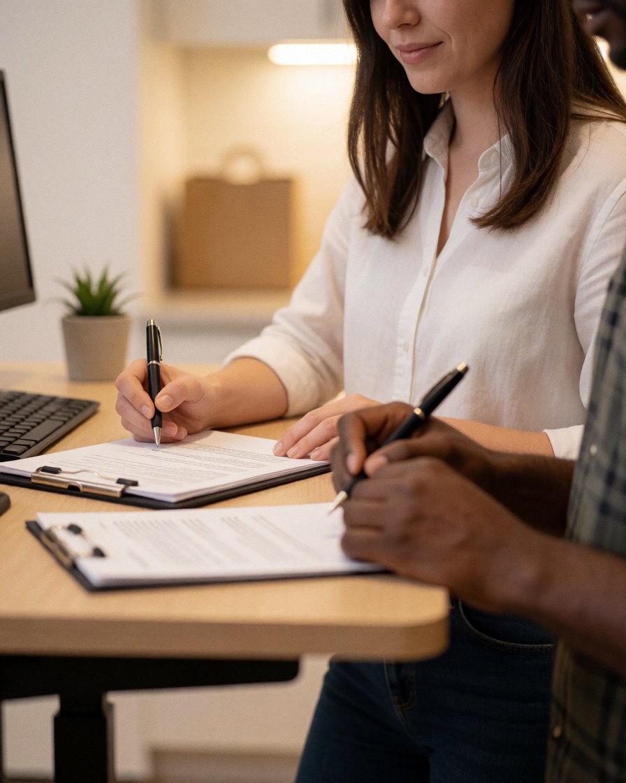 A happy professional sits at a modern desk in a coworking space, reviewing documents with a colleague under warm lighting