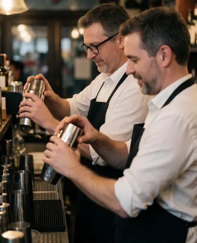 A team of bartenders preparing drinks and working together behind a bar counter in a pub setting