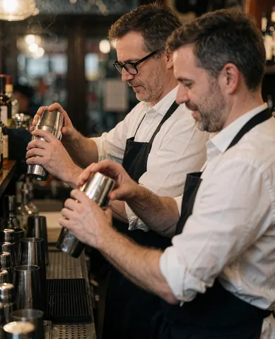 A team of bartenders preparing drinks and working together behind a bar counter in a pub setting