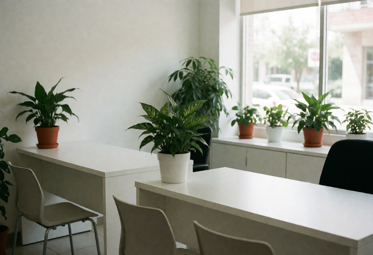 Clean modern business reception area featuring white desks, chairs, green plants, and windows with natural light.