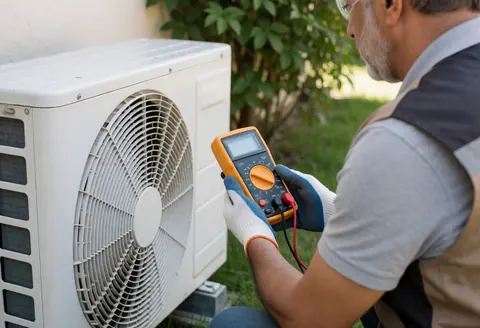 Technician wearing safety glasses and gloves uses a multimeter to diagnose an outdoor air conditioning unit in a sunny garden.