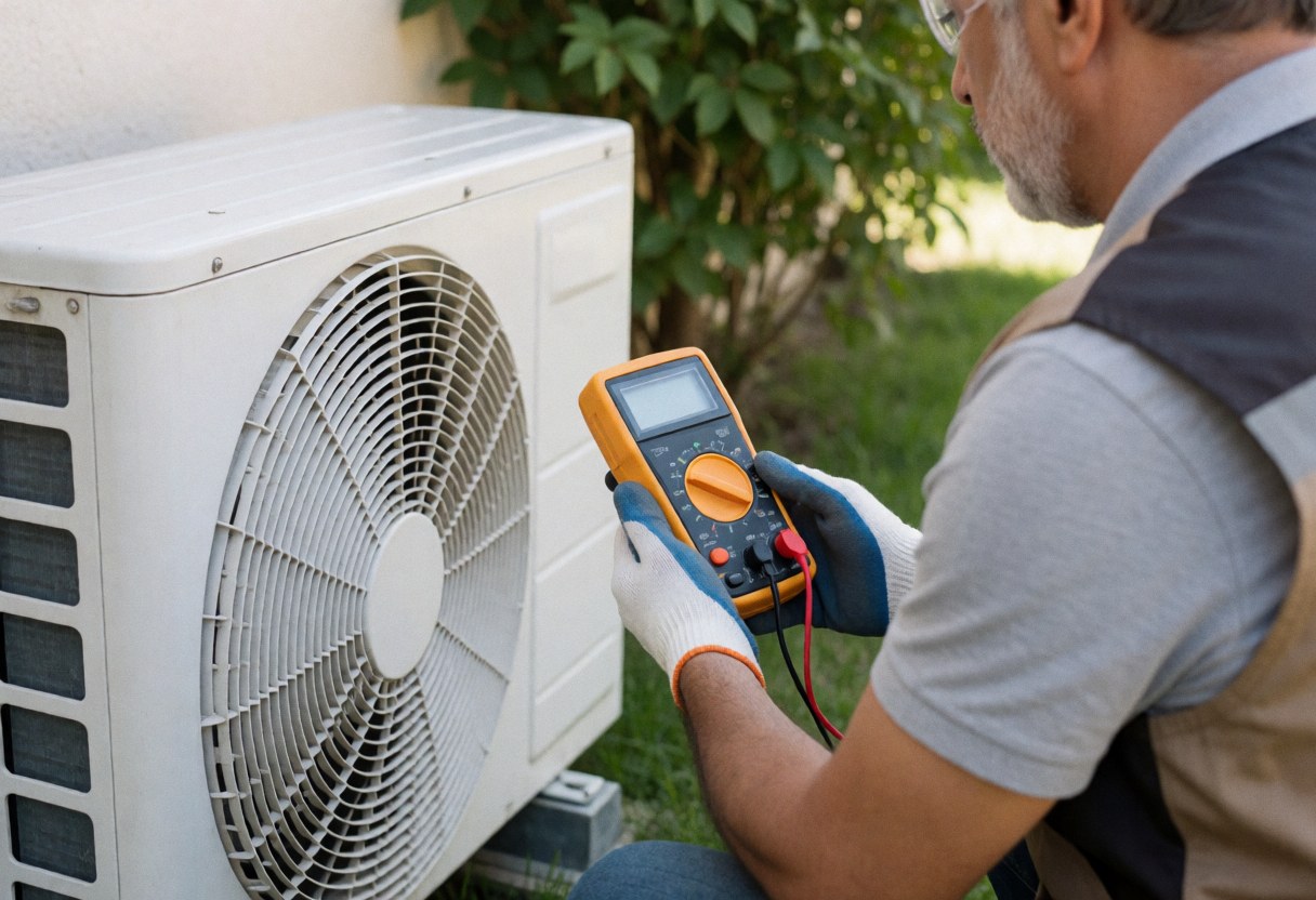 Technician wearing safety glasses and gloves uses a multimeter to diagnose an outdoor air conditioning unit in a sunny garden.