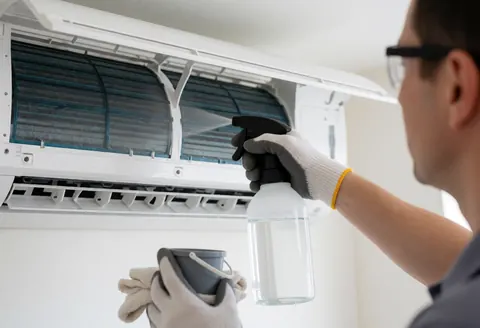 Technician wearing gloves and safety glasses cleans an air conditioner collector with spray, holding a bucket and cloth in a clean indoor setting