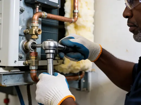 Technician wearing safety gear adjusts a valve on an air conditioning unit with copper pipes and insulation