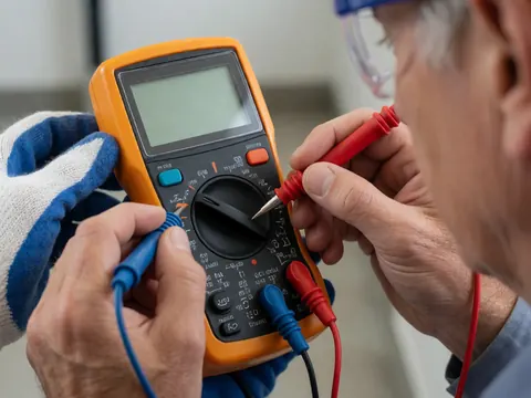 Close-up of a digital multimeter connected to an HVAC control panel for electrical diagnostics and maintenance