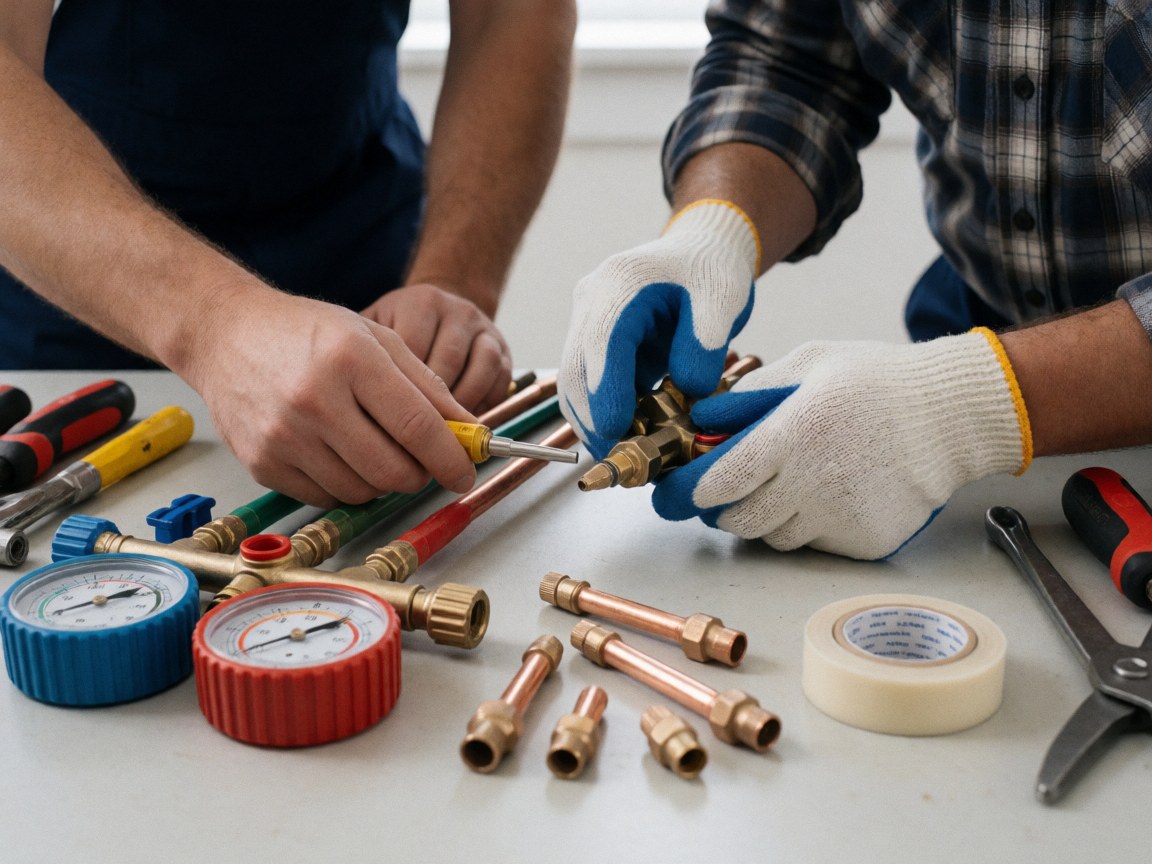 HVAC technician wearing safety gloves and glasses installing copper pipes and pressure gauges on a workbench with professional tools nearby