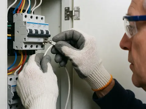 Professional electrician wearing safety gloves and glasses connects a white wire to an electrical switch inside a metal box.