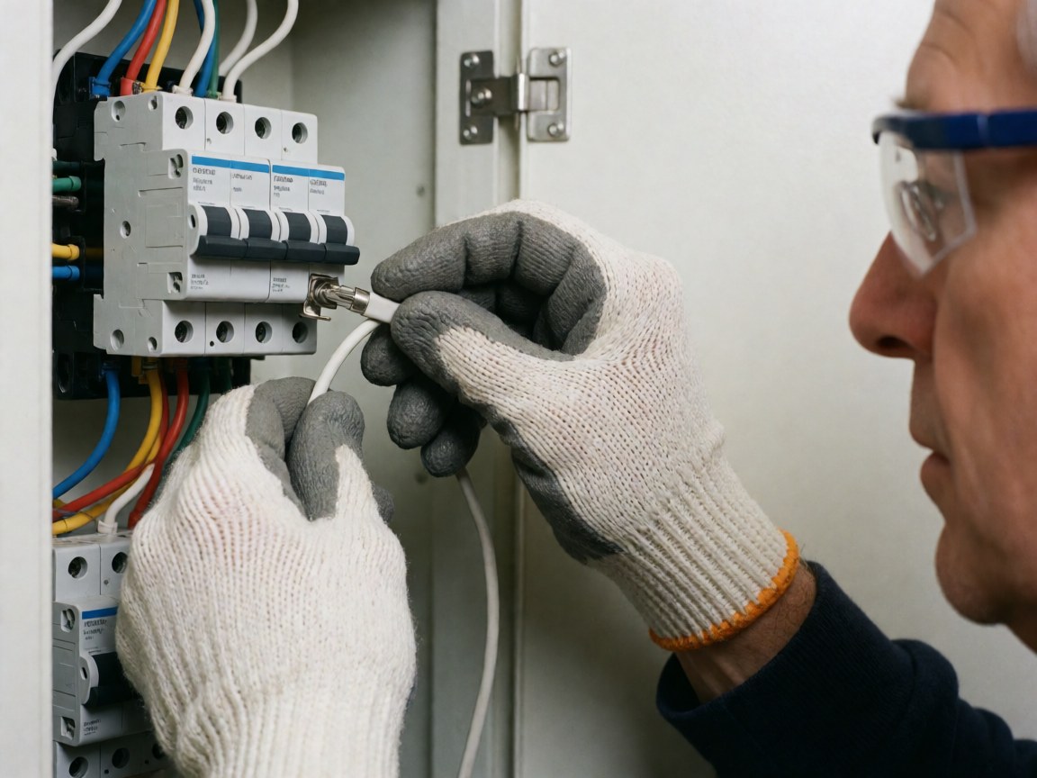 Professional electrician wearing safety gloves and glasses connects a white wire to an electrical switch inside a metal box.