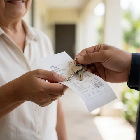 An electrician hands a set of keys and a receipt to a client in a home hallway, marking the completion of the service.