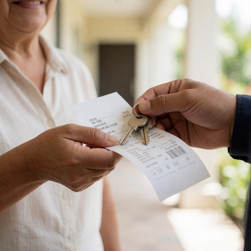 An electrician hands a set of keys and a receipt to a client in a home hallway, marking the completion of the service.