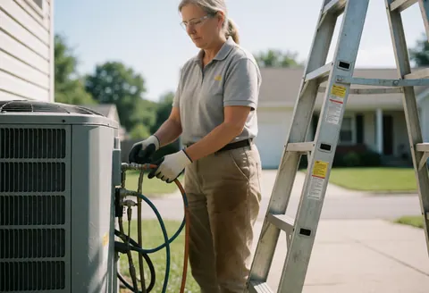 Technician wearing safety glasses and gloves connecting pipes to an outdoor air conditioner on a sunny day with a ladder nearby