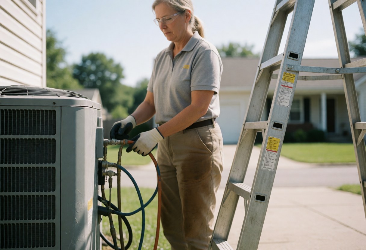Technician wearing safety glasses and gloves connecting pipes to an outdoor air conditioner on a sunny day with a ladder nearby