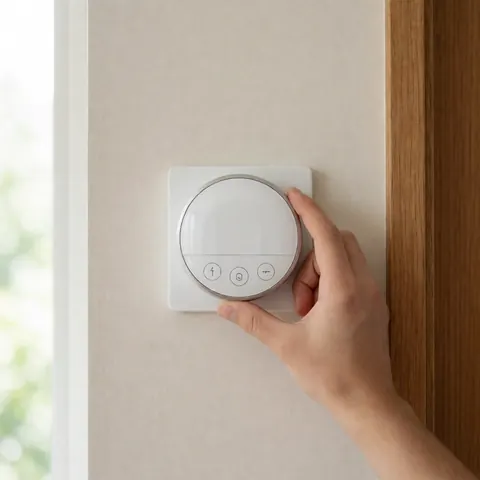 Close-up of a white smart thermostat mounted on a beige wall, showing modern home automation technology for climate control.