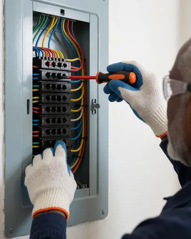 Electrician wearing safety gloves and glasses adjusting cables in a clean white residential electrical panel with professional lighting