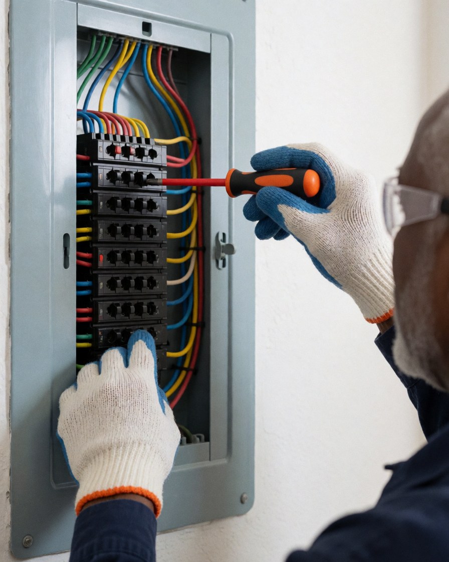 Electrician wearing safety gloves and glasses adjusting cables in a clean white residential electrical panel with professional lighting
